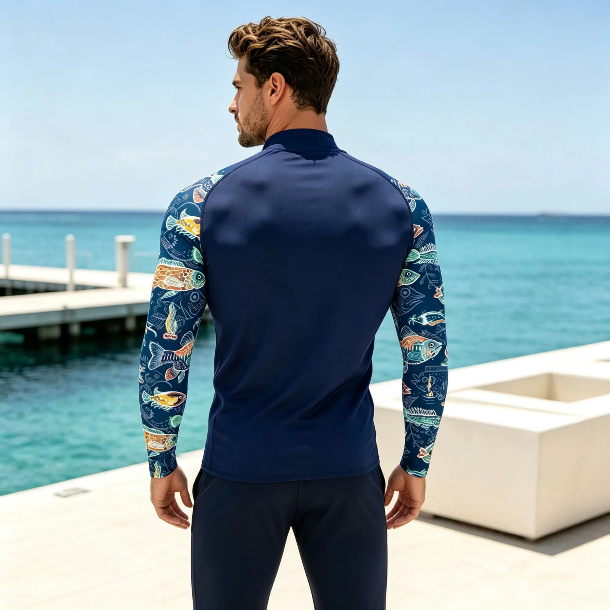 Navy Blue Sea Creature Pattern Raglan Mock Neck Compression Top Male Slim Fit Beach Snorkeling Water Sports Tees