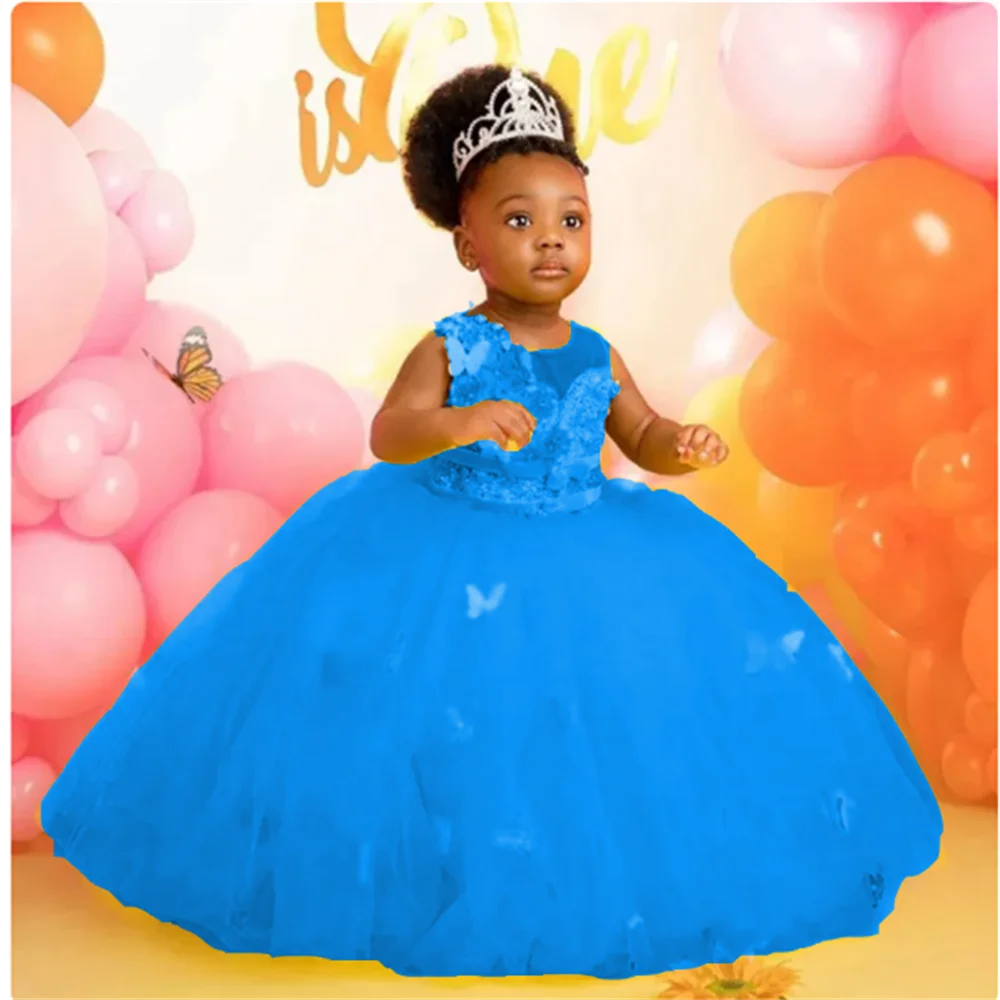 Royal Blue Flower Girl Dresses  Jewel Appliqued Crystals Toddler Little Kids Ball Gown Tulle Tiered First Birthday Party Dress