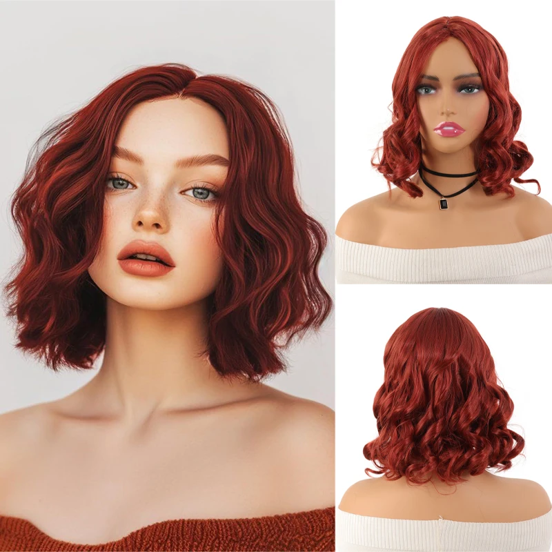 

Fashionable wig for women, mid-length brownish-red Bob with curly hair full head