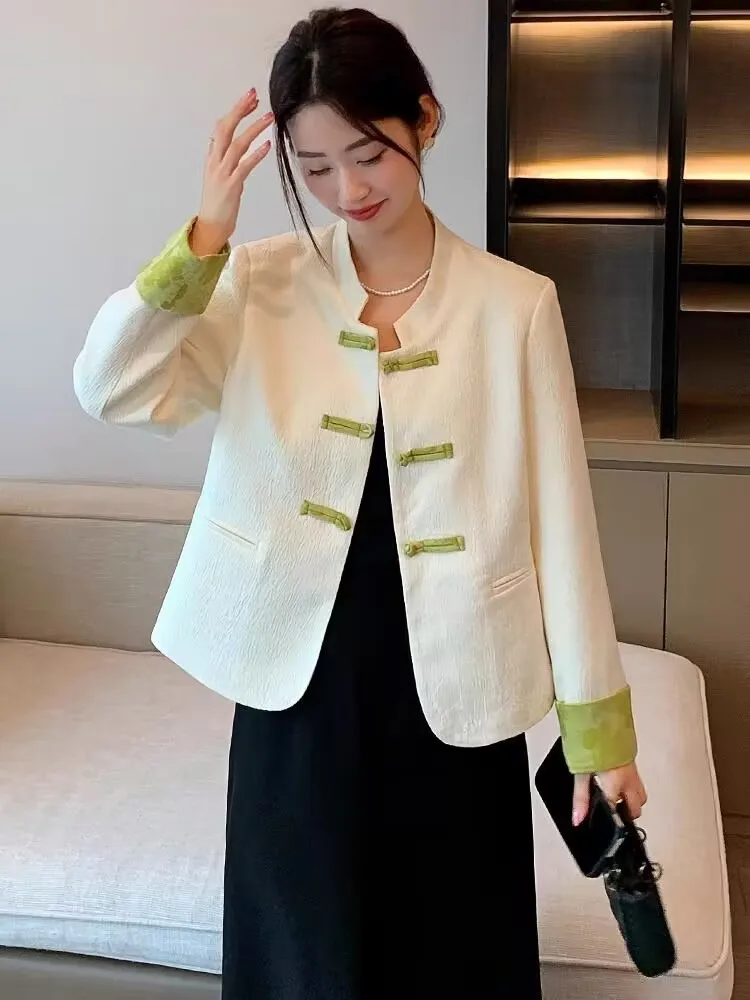 Chinese Style Knot Button Jacquard Coat 2025 Spring Autumn Women Short Jacket Female Retro Elegant Coat Office Lady White Top
