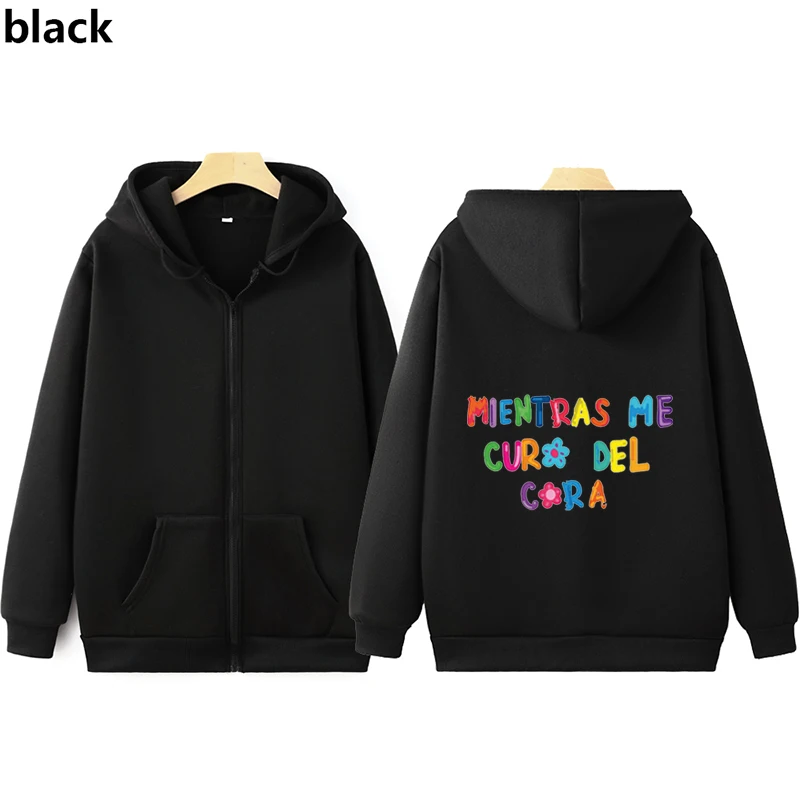 Karol G Mientras Me Curo Del Cora Text Fashion Print Zipper Sweatshirts Winter Clothing Gift For Fans