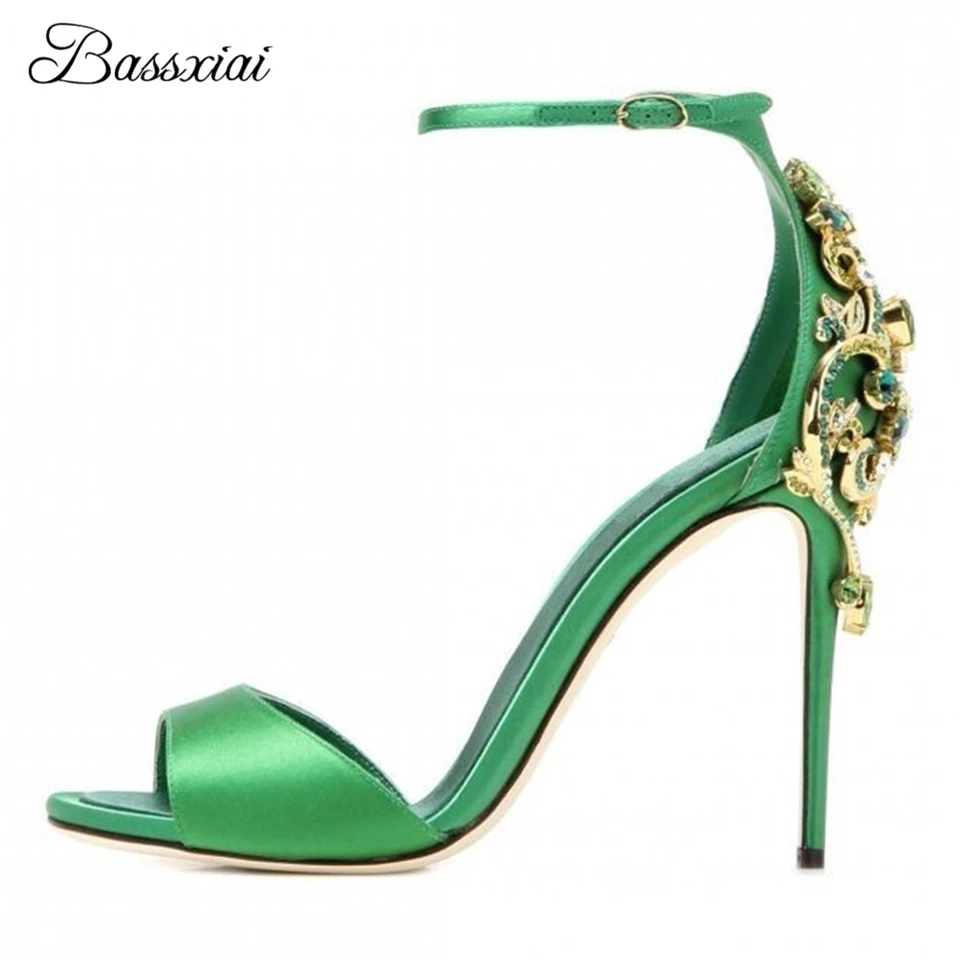 Luxury Satin One-Strap Sandals Women Summer 10cm Thin High Heels With Crystal Metal Decor Party Shoes 2024