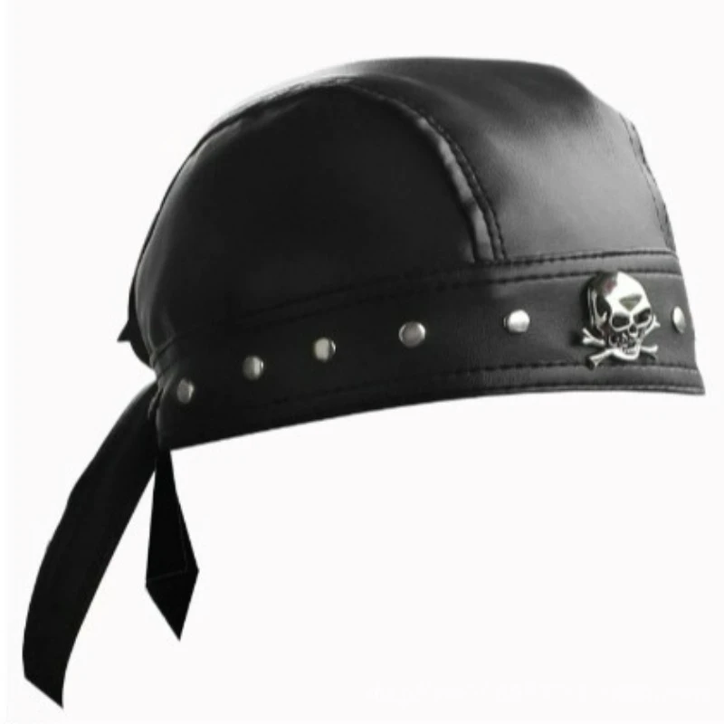 

Black Leather Skull Bandana Motorcycle Helmet – Edgy Halloween Gift for Urban Biker Cosplay