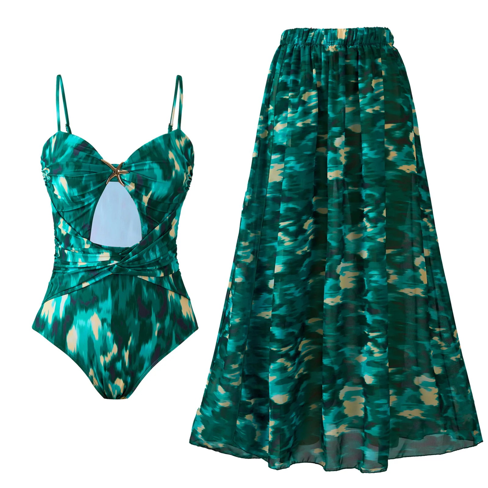 

2025 Sexy Women's Printed Hollow One-Piece Swimsuit Set with Suspenders Monokini Female Beachwear Bodysuit for Summer