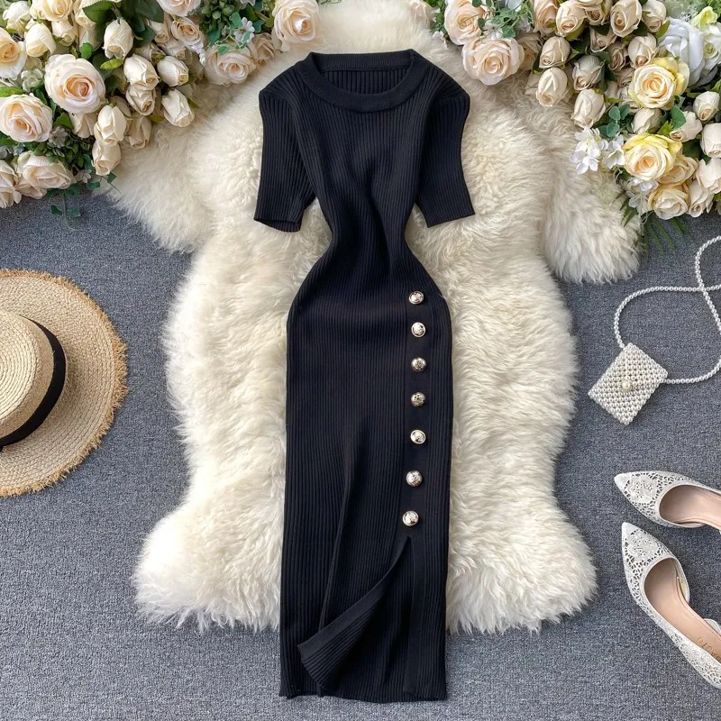 Elegant Knit Long Bodycon Dress Women Slim Short Sleeve Long Vestido Female Dresses Lady Split Sweater Dress Party Vestido Y2k