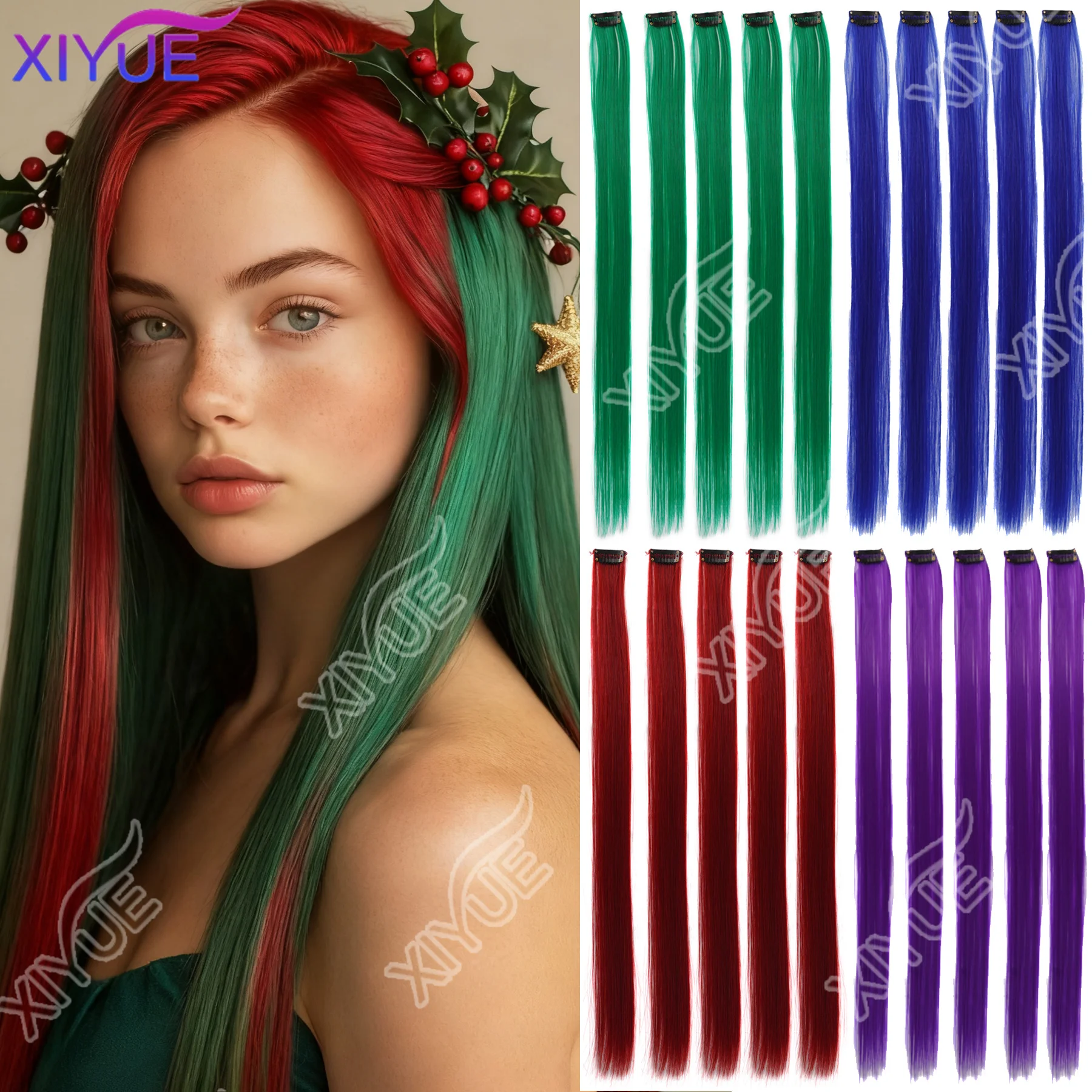 10 قطع من وصلات الشعر الاصطناعية باللونين الأحمر والأزرق بمشبك من SOlldag ملون للحفلات يسلط الضوء على قطعة شعر مستقيمة للأطفال والبنات والنساء #1