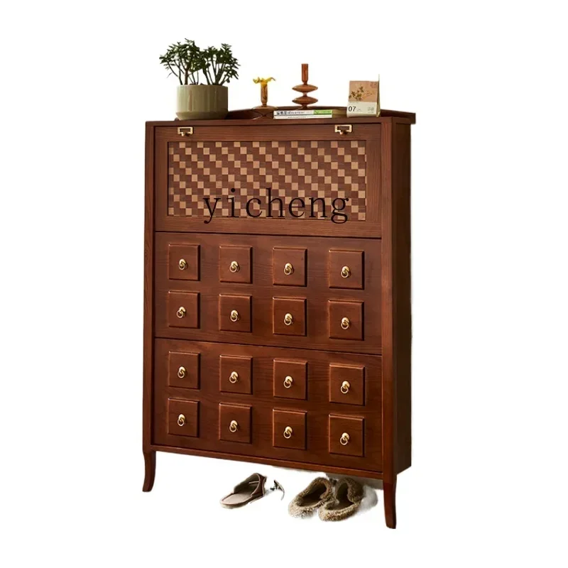 ZK Retro Tilting Shoe Cabinet Solid Wood Ultra-Thin Cabinet Home Doorway Small Apartment Home Narrow Hallway Storage Cabinet