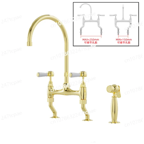 French retro all-copper bridge double-hole double-open kitchen dish basin hot and cold rotatable golden faucet