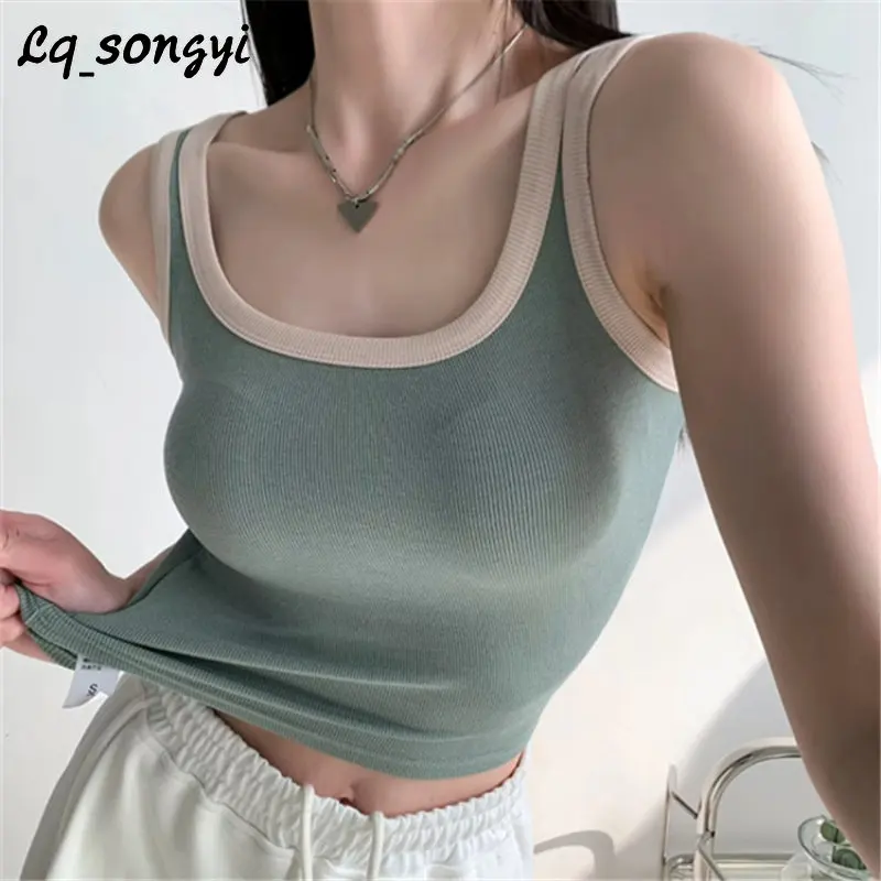 

Summer Sexy U Neck Tank Top Women Sleeveless Backless Vest Contrast Color Stripes Knitted Camis Casual Solid Basic Slim Camisole