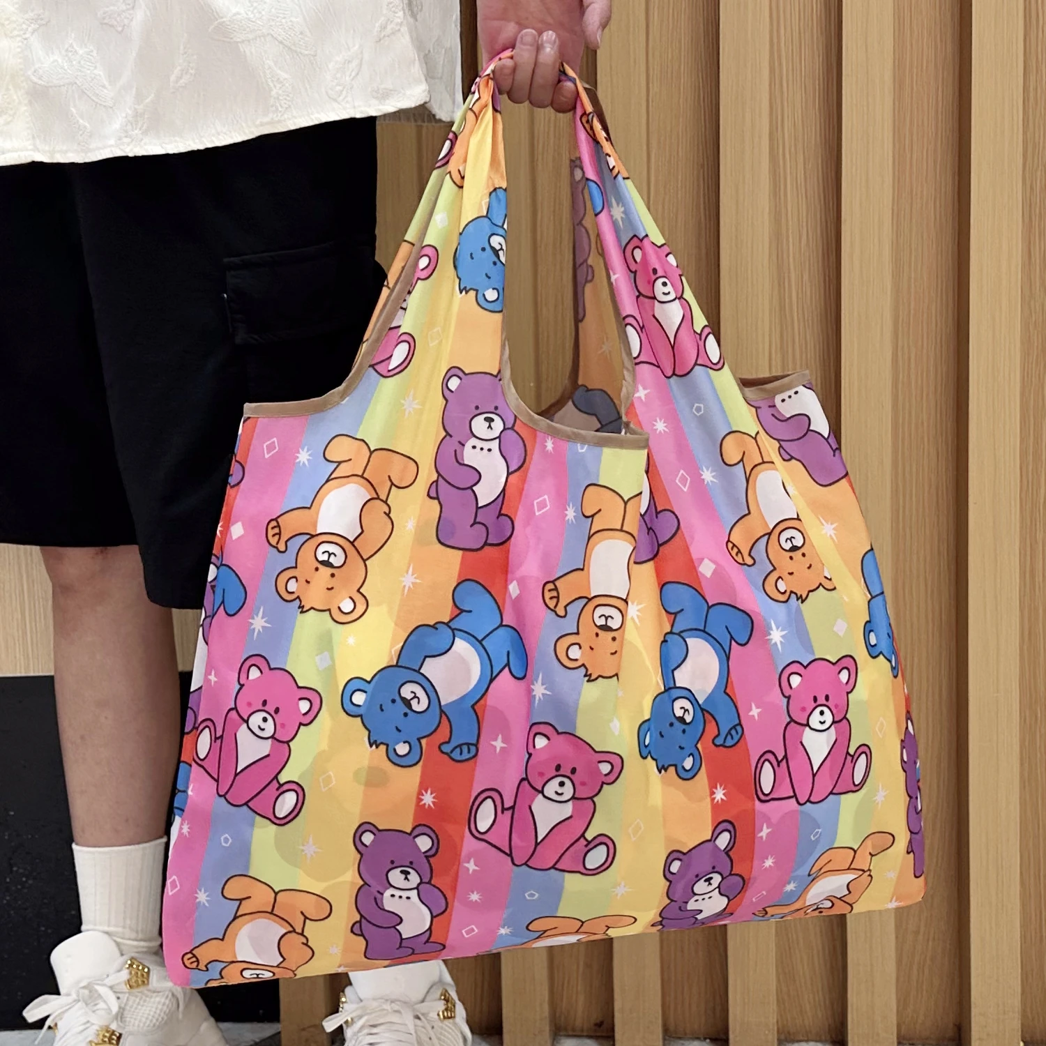 حقيبة يد ذات سعة كبيرة، قابلة لإعادة الاستخدام، محمولة وصديقة للبيئة، حقيبة تسوق خفيفة الوزن، نمط مطبوع، قابلة للطي في الهواء الطلق، حقيبة سفر للتخييم