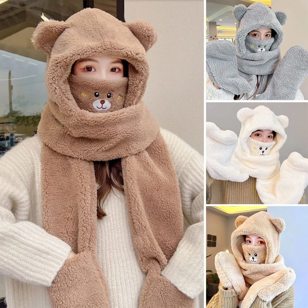 

Sweet Plush Bear Ear Beanies Cap Solid Color Warm Scarf Gloves Set Splicing Warm White Thickened Pullover Hats Women