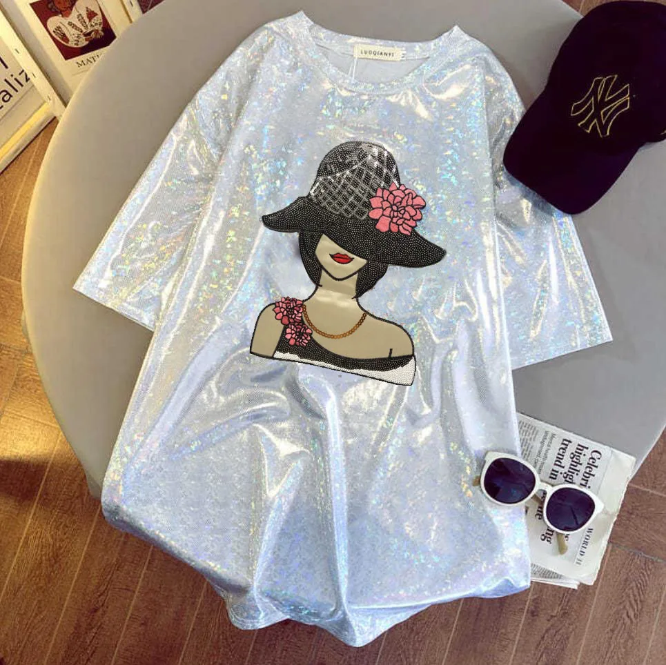 Beautiful Glittering Reflective Hip-Hop T-Shirt Silver Loose Short-Sleeved Summer Top for Women Men Couple Fashion Student Wear
