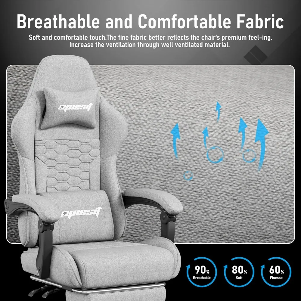 كرسي ألعاب، كراسي كمبيوتر من القماش مع دعم قطني ومدلك، كرسي مكتب مريح مع مسند للقدمين ووسادة زنبركية للجيب