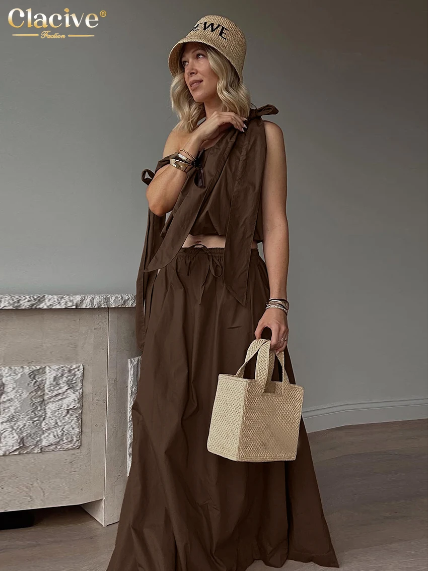 

Clacive Summer Loose Brown 2 Piece Sets Woman Outfit 2025 Fashion Sleeveless Crop Top With High Waist Maxi Skirt Set Female