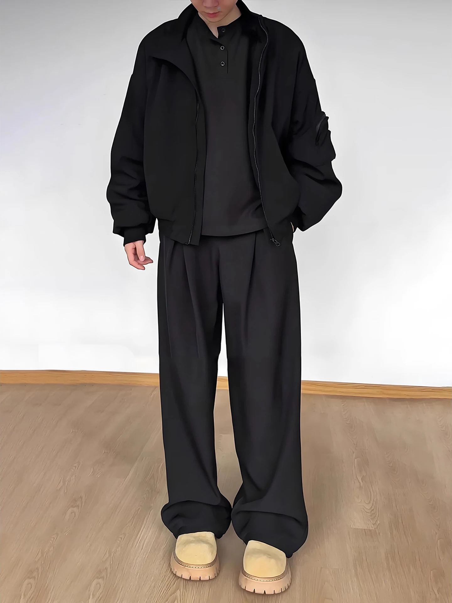 

American Cleanfit Bla Men's Autumn Winter High Waist Straight Leg Fce Lined Casual Trousers Drapey Wide Leg Pants