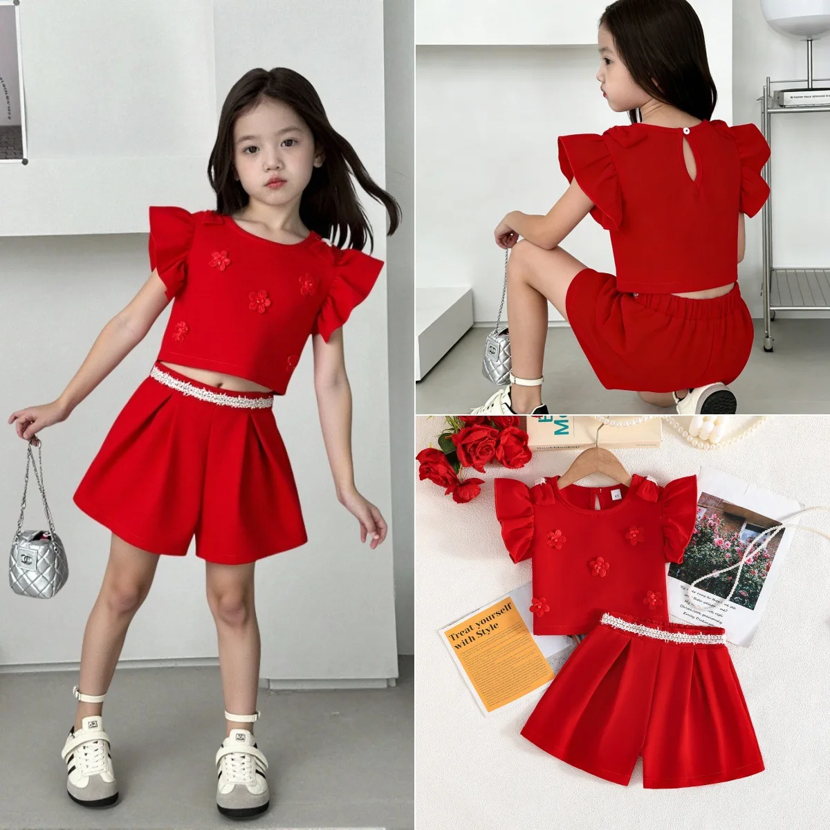 2026 Summer Luxury Girls Floral Flutter Sleeve Set High Waist Wide Leg Shorts, Stylish 2PCS Outfit for 2-7Y