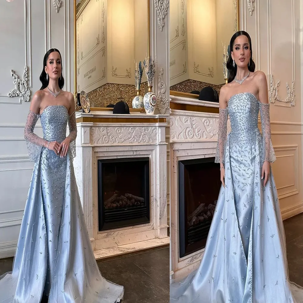 

Customized Dramatic Boat Collar Satin Beaded Fromal Evening Dresses Sheath Backless Popular Party Gowns with Removable Court