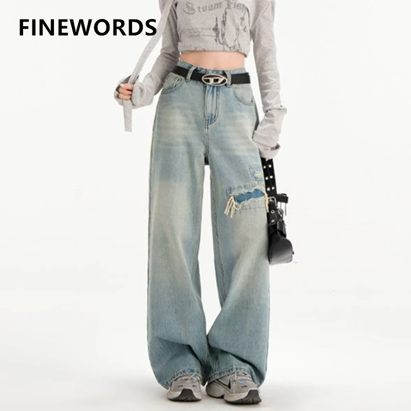 FINEWORDS Vintage Casual Korean Hole Ripped Jeans Women Washed Streetwear Loose Jeans Easymatch Punk Wide Leg Denim Baggy Pants