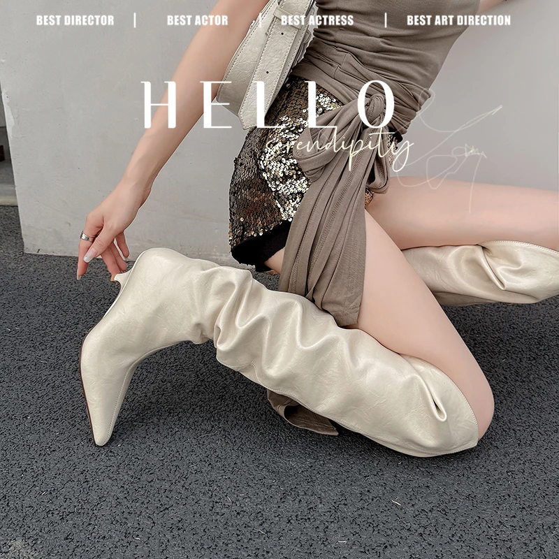 2026 new autumn winter women knee-high boots 22-25cm microfiber leather pointed toe thin high heel  Pile up boots long boots