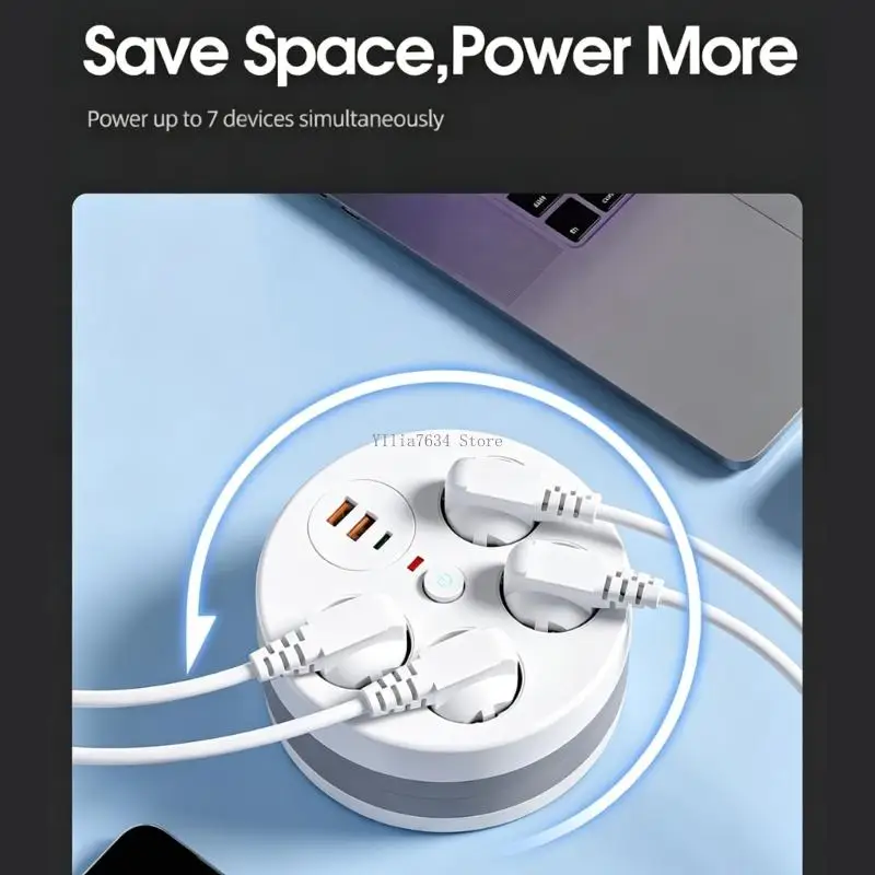 4 Way Extension Cable with 3 USB Charging and 280Cm Power Strips Plastic Texture Suitable for Desk Bedroom Workspaces