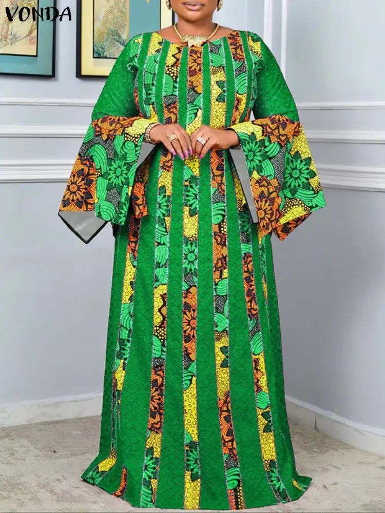 Frauen Kleider VONDA Plus Größe Vintage Print 2025, Lange Flare Hülse Böhmischen Maxi Robe Casual Lose Herbst Party Lange Vestido 5XL