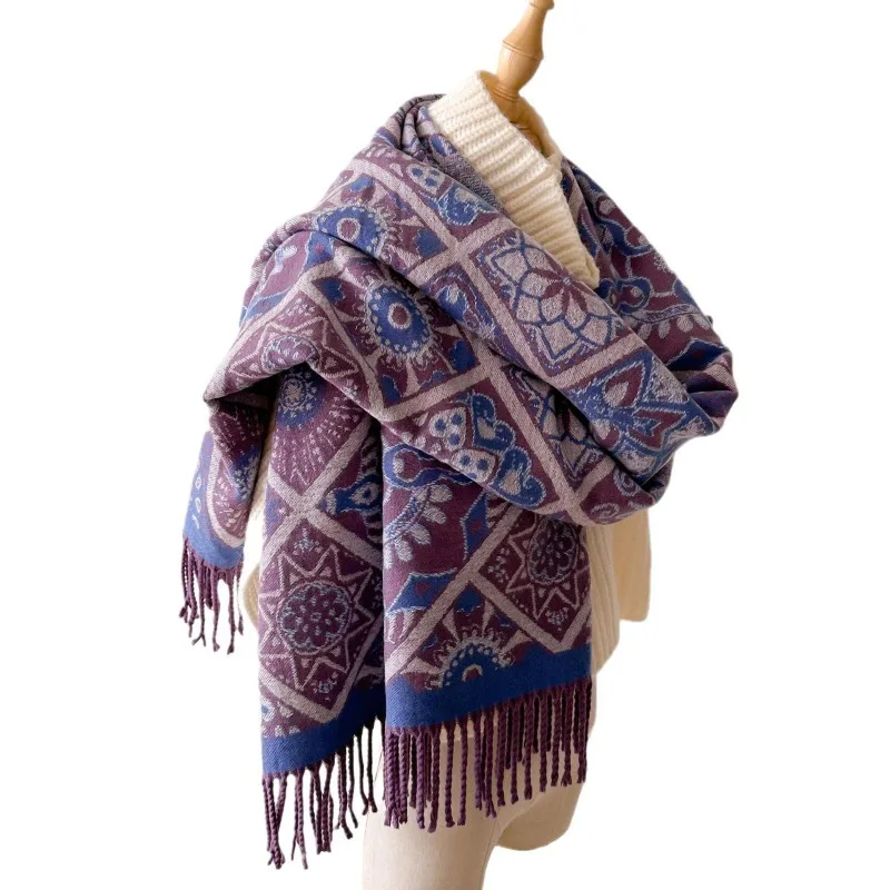 ファッション性の高い2025年冬用、暖かく厚手のイミテーションカシミヤスカーフ、ボヘミアン風、文学的でレトロなロングフリンジスカーフショール