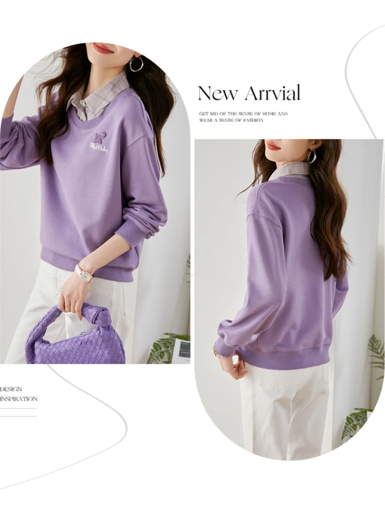 Vimly Purple Shirt Collar Sweatshirts for Women 2023 Spring Cotton Casual Loose Patchwork Fake Two Pieces Long Drop Sleeve Tops