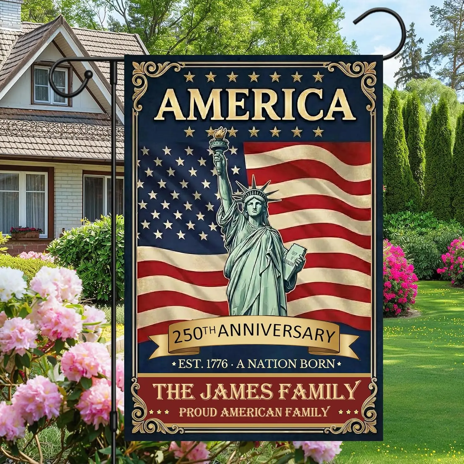 250 Anniversary Garden Flag, Personalized 250th Anniversary USA 4th of July Garden Flags, Custom Family Name 1776-2026 Comme AAS