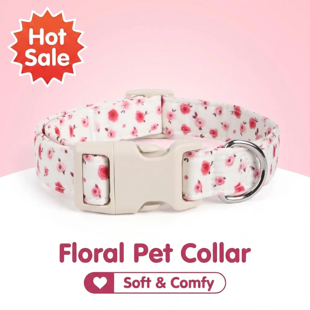 Niedliches Blumen-Hundehalsband für Kleine, Mittlere und Große Hunde, Rosa Baumwoll-Halsband mit Schnalle für Frühling und Sommer, Mädchen-Welpen-Kätzchen-Halsband