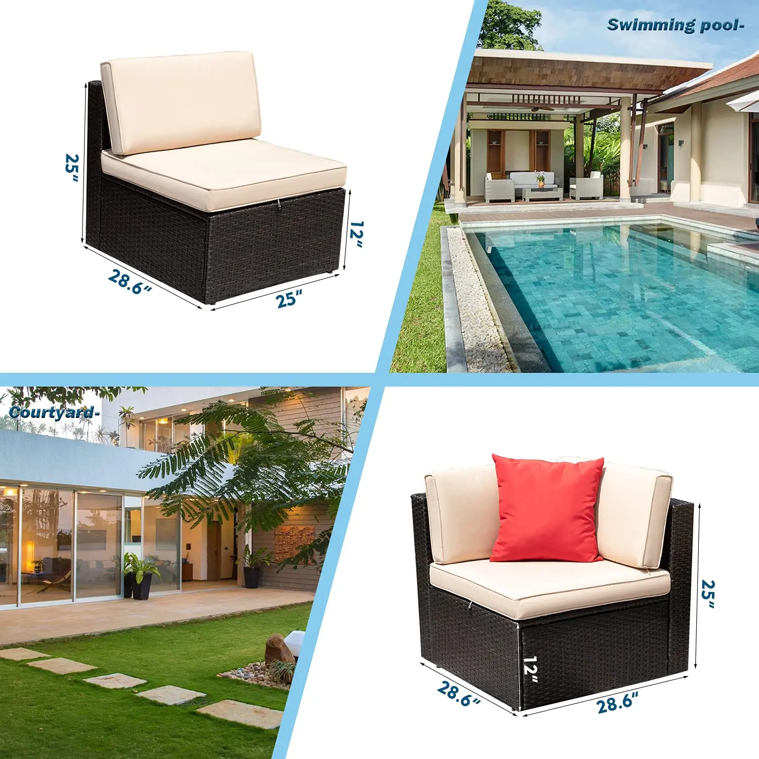 All Weather PE Rattan Outdoor Loveseat Corner & Armless Sofa Set with Soft Padded Cushion, Customized
