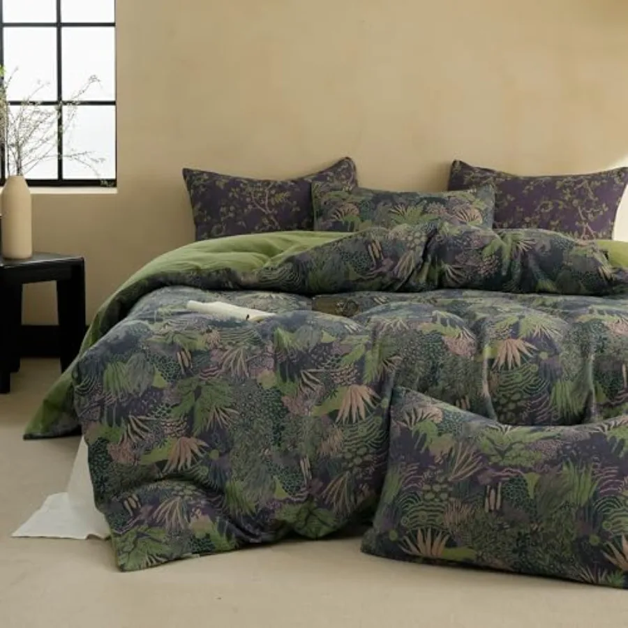 

100% Cotton Muslin Duvet Cover Set 3 Pcs Yarn-Dyed Jacquard Textured Reversible Botanical Floral Soft and Breathable Bedding Se