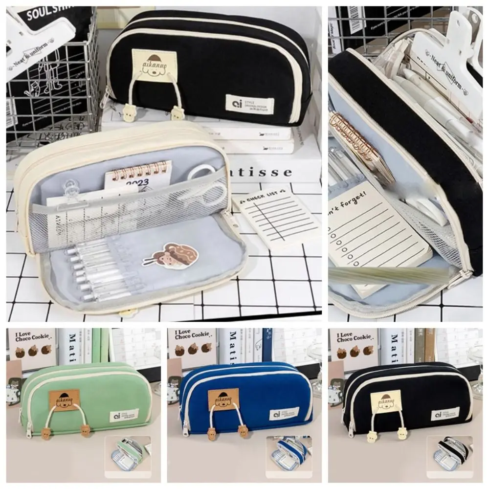 

Desktop Storage Canvas Stationery Bag Korean Style Large Capacity Multi Layer Pencil Bag Aesthetic Puppy Pencil Pouch School