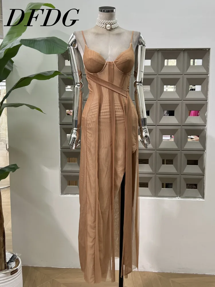 

DFDG 2025 Spring Summer Women’s Slim Fit Strapless V-Neck Ribbon Slit Womens Dresses Designer Elegant Evening Party Dress