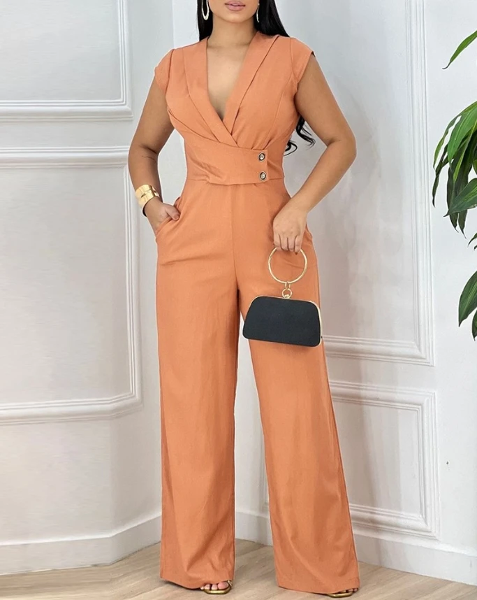 Jumpsuit wanita modis kasual deep v-pendek lengan pendek berkancing silang kaki lebar, jumpsuit elegan keseluruhan, musim panas gaya baru