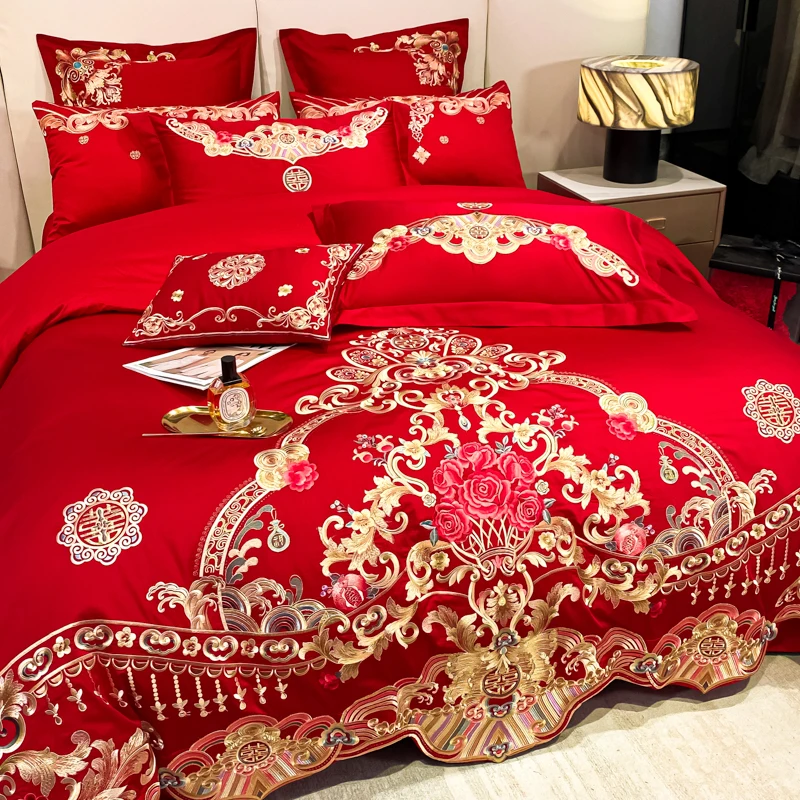 4/6/9Pcs Luxury Chinese Wedding Bedding Set Red 600TC Egyptian Cotton Gold Embroidery Rose Duvet Cover Set Bed Sheet Pillowcases