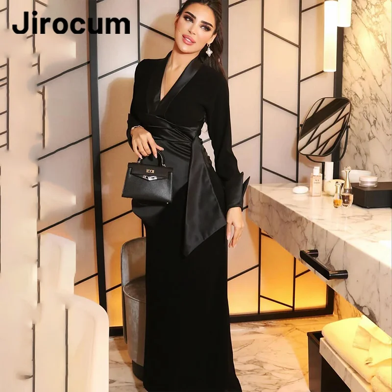 

Jirocum Elegant Mermaid Prom Dress Women V Neck Black Long Sleeve Party Evening Gown Ankle Length 2024 Special Occasion Dresses