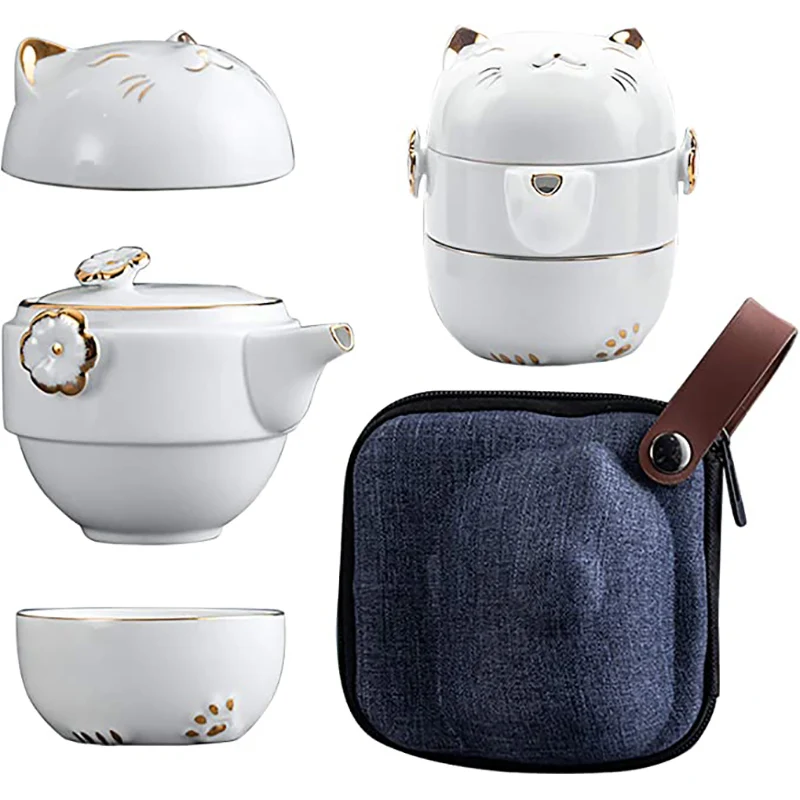 Portable Ceramic Tea Cup Set, Lucky Cat Porcelain Teapot Set with Tea Strainer Lids, 1 Storage Bag, Suitable for Travel