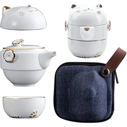 Portable Ceramic Tea Cup Set, Lucky Cat Porcelain Teapot Set with Tea Strainer Lids, 1 Storage Bag, Suitable for Travel