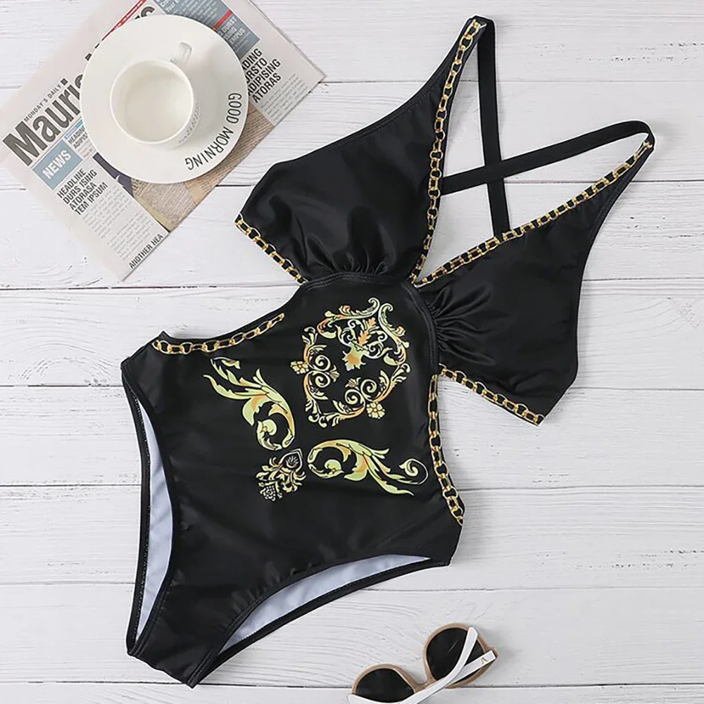 2023 New Black Print One-Piece Swimsuit Women Sexy V-Neck Hollow Out Bodysuits Monokini Femal Beach Bathing Suits Swimwear
