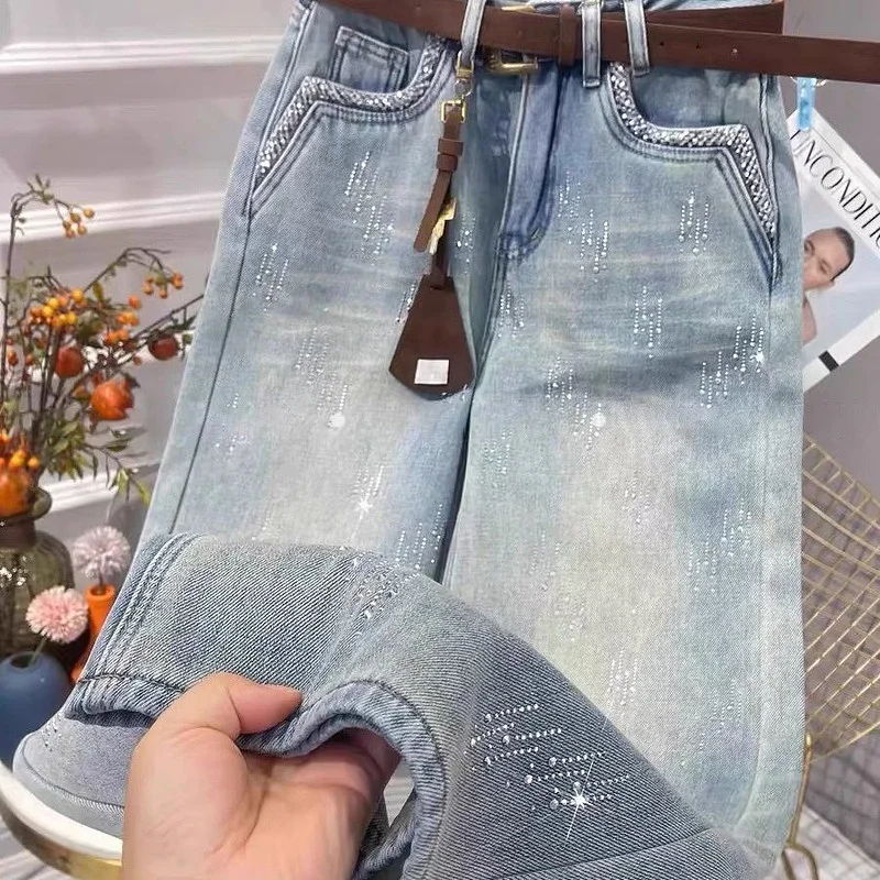 

Высококачественные женские джинсы прямого кроя с блестками, двухцветные, с высокой талией, длинные брюки, роскошная модная новинка весеннего сезона