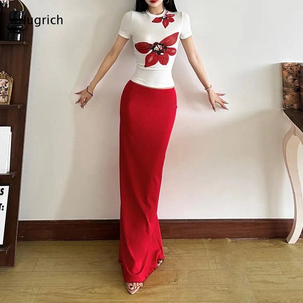 Matching Floral Top Mermaid Skirt Set Ladies White Slim Short Sleeve Printed Tee Red High Waist Floor Length Bodycon Long Skirt