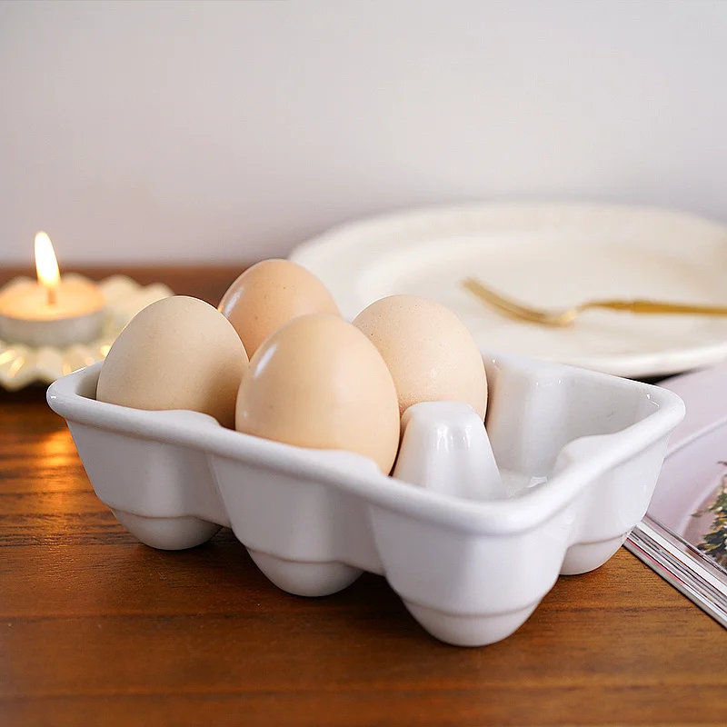 European White 6-compartment Ceramic Egg Storage Tray Simple Breakfast Egg Basket Multi-functional Storage Tray Kitchen Utensils