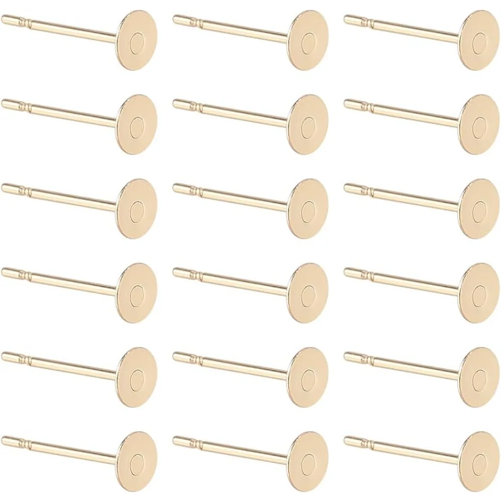 200Pcs Real 24K Gold Plated Flat Earring Posts Stainless Steel Stud Earring Findings Blank Round Ear Pins Small Tray