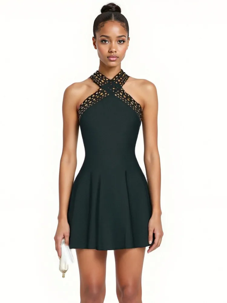 

Новое женское сексуальное платье трапециевидной формы с лямкой на шее, черное мини-летнее облегающее бандажное платье, 2025 г., элегантное вечернее клубное вечернее платье