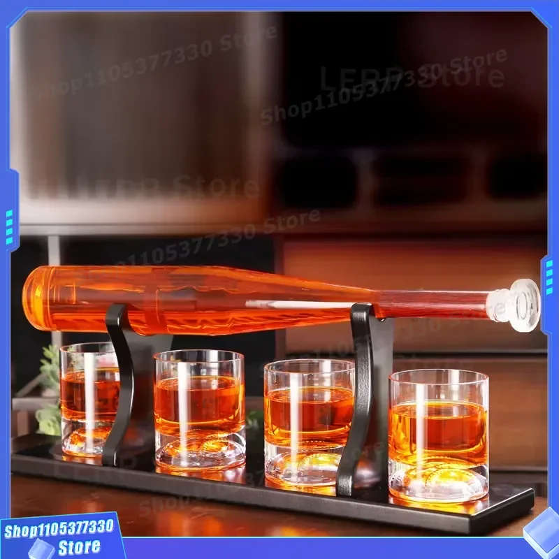 Baseball Bat Shaped Whiskey Decanter Set with 4 Matching Glasses and Wooden Stand Unique Design Spirit Bottle for Home Bar