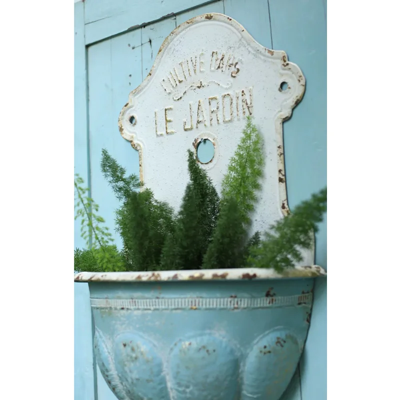 Vintage French Garden Wall Planter, Le Jardin Metal Hanging Flower Pot, Distressed Blue, 18x9x28 inches