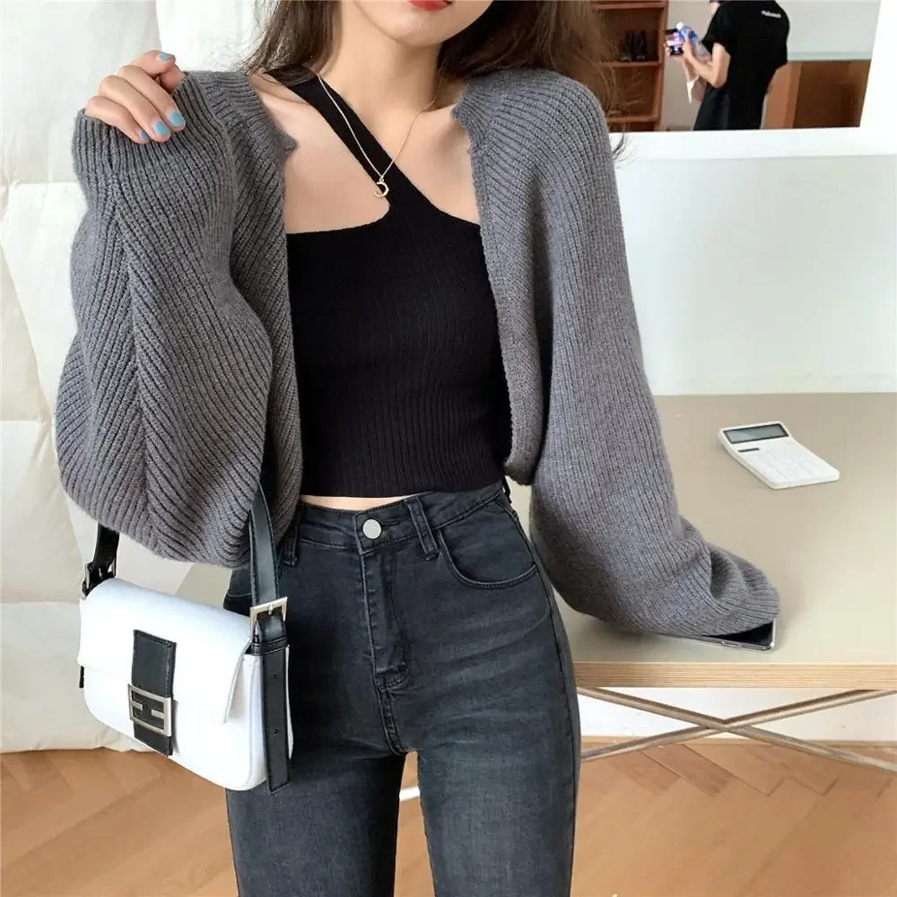 

New 2025 Fashion Spring Autumn Casual Short Knitted Cardigan Women Vintage Solid Lantern Sleeve Cropped Woman