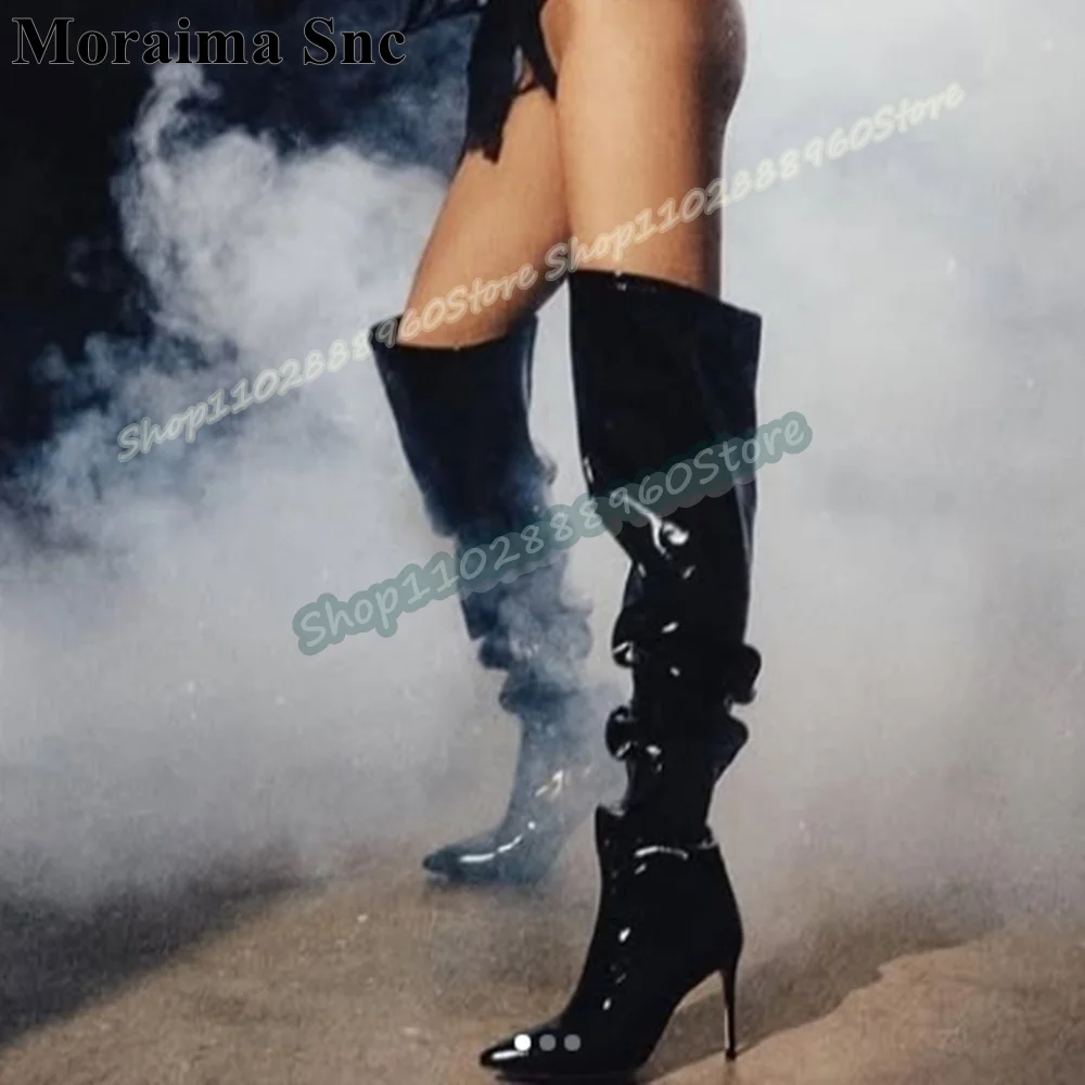 

Over The Knee Black Soft Patent Leather Pointy Boots Thin High Heel Shoes For Women Side Zipper Pointed Toe Fashion Party Shoes