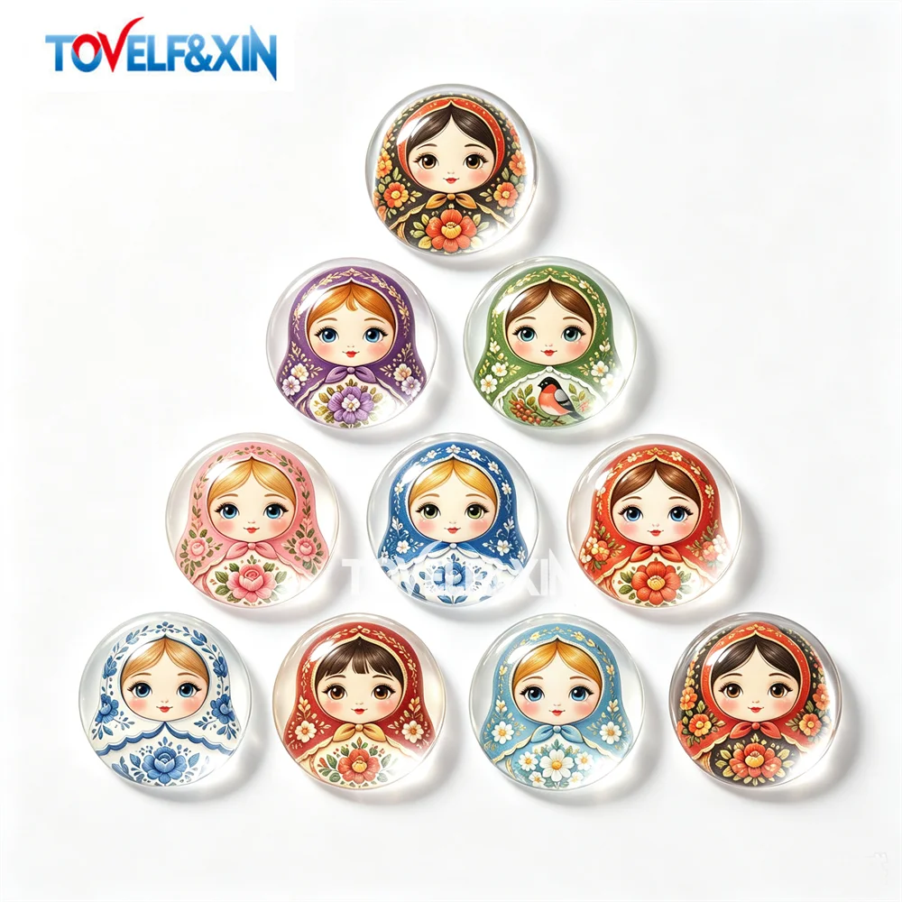 10Pcs Matryoshka Russian Doll Round Glass Cabochons Flatback Dome Photo Cameo Charms DIY Keychain Magnet Jewelry Making Supplies