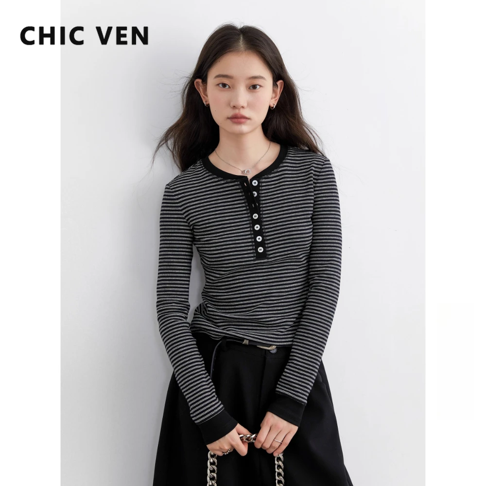 

CHIC VEN Women T-Shirts New Contrast Color O Neck Slim Fit Striped Long Sleeved Knitted Tees Base Female Top Autumn Winter 2025